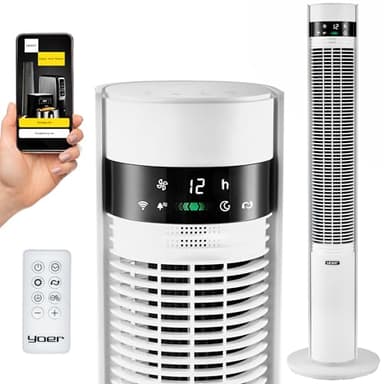 YOER 19dB Leiser Turmventilator, Plasma-Ionisator, 12 m Reichweite, 12 Geschwindigstufen, 3 Modi, 12 Std. Timer, 80° Oszillation, Fernbedienung, CoolWhisper TF07W, weiß
