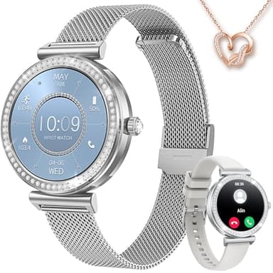 Smartwatch Damen Uhr Armbanduhr Fitnessuhr: Smartwatch Damen mit Halskette Geschenk 1,27" Rund Touch Silber Menstruationszyklus Schrittzähler Blutdruck Wasserdicht Sport Telefonfunktion Android iOS