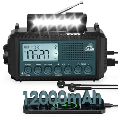 Roxicosly Kurbelradio, Notfallradio mit 12000 mAh Power Bank, AM/FM/SW Baustellenradio, Kurbel & 5-Wege Solar Radio mit Weltempfänger, Als Taschenlampe & Ladegerät, für Outdoor, Camping, Baustellet
