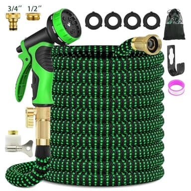 Flexibler Gartenschlauch 15m, Ausdehnbarer Wasserschlauch Flexschlauch mit 10 Sprühmustern, 3750D Strapazierfähiger 3 lagiger Latex Wasserschlauch 3/4 und 1/2 Adapter Verlängerter Gartenschlauchrohr