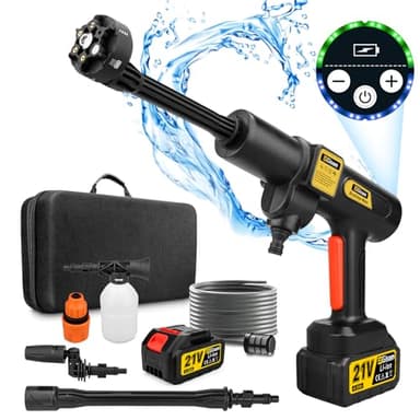 Gisam Akku Hochdruckreiniger, Max 65 Bar 943 PSI Mobiler Hochdruckreiniger Mit 2 x 4000mA Akku, Schaumsprüher, 6-in-1 Multifunktionale Düse und 180° Drehbare Düse für Auto (Gisam-01)