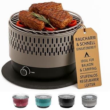 SOUK ONE Tischgrill mit Aktivbelüftung, Holzkohlegrill Grill mit Lüfter, Campinggrill BBQ Outdoor (Grau)