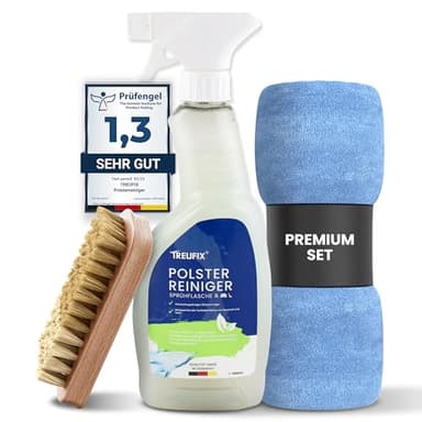 Treufix - Polsterreiniger & Teppichreiniger für Autositze, Sofa & Couch [Profi SET inkl. Polsterbürste & Mikrofasertuch] Effektiver Sofa Reiniger für maximale Sauberkeit 500 ml - Made in DE
