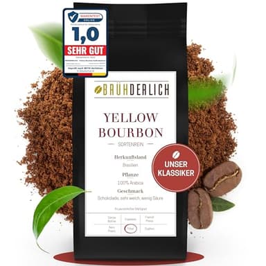 BRÜHDERLICH Yellow Bourbon Premium Kaffeebohnen Gemahlen (500g) - Außergewöhnlich Mild und Säurearm - Besonderer Arabica Kaffee aus Brasilien - Frisch Gemahlen direkt aus der Rösterei