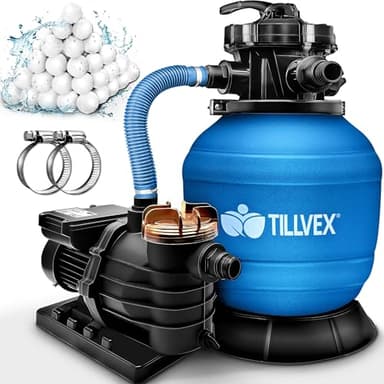 tillvex® Sandfilteranlage Pool 13.200L/h bis 40.000L + 1200g Filterbälle | Filteranlage 7-Wege Ventil & 2in1 Adapter Ø32-38mm | Poolfilter Selbstansaugend | Sandfilter Schwimmbecken (Blau)