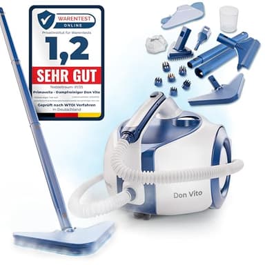Primavella Dampfreiniger (Don Vito) - Leistungsstarker Steam Cleaner für Boden, Polstermöbel & Bad – Reiniger Dampf mit 3,5 Bar - 16x Zubehör für Fugen & Sofa – Vielseitige Dampfmaschine