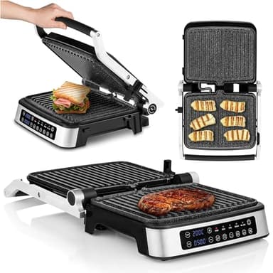 ZEEGMA Grill Chef Elektrischer Kontaktgrill und Sandwichtoaster 2100W, herausnehmbare Heizplatten, 2in1, 180 ° klappbar, Antihaftbeschichtung, Tropfschale, akustische Benachrichtigungen (SILVER)