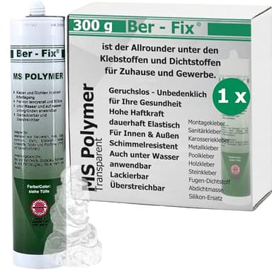 Ber-Fix MS Polymer Transparent Kleber Dichtstoff 290ml – Glasklar Wasserfest – Montagekleber Dichtmasse für Glas, Metall, Kunststoff, Holz, Stein – Profi Allzweck-Dichtung