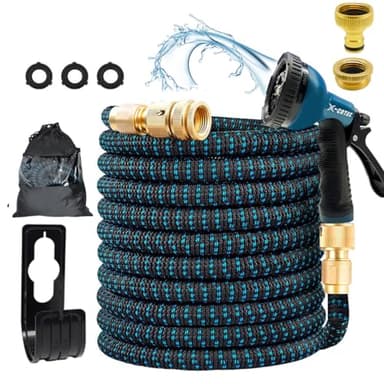 X-COTEC Gartenschlauch 15m flexibel & dehnbar (bis zu 3x länger) - 10 Sprühmodi, 3-lagiges Latex + 3750D Polyester, Messinganschlüsse 1/2" & 3/4", platzsparend, robust