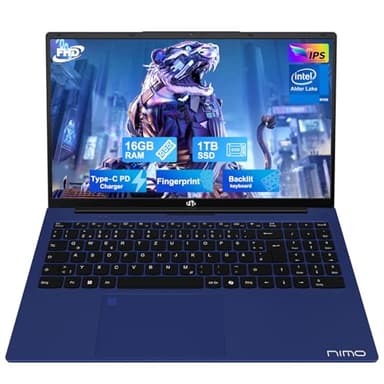 NIMO Laptop 15,6 Zoll Full HD: 16GB RAM, 1TB SSD, Intel N100, USB-C 65W, Fingerabdruck, Beleuchtete Tastatur, Leichter Computer für Arbeit & Studium, Blau