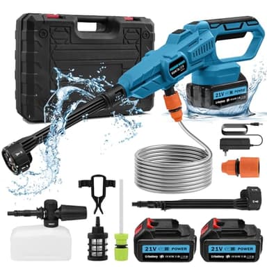 Akku Hochdruckreiniger, 120 Bar Mobiler Hochdruck Wasserpistole mit 2 Akku, 6-in-1-Multifunktionsdüse,180° Drehbare Düse, 3 Einstellstufen, 5M Schlauch, Filterkessel, für Autos,Terrasse,Fenster