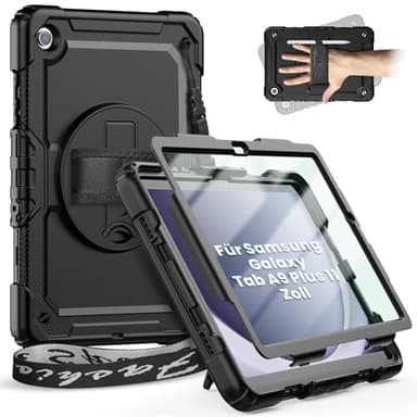 timecity Hülle für Samsung Galaxy Tab A9+ /A9 Plus 11 Zoll 2023,Stoßfeste Robust Galaxy Tab A9 Plus hülle mit Displayschutzfolie, 360°Drehbarem Ständer, Handschlaufe,Schultergurt, Stifthalter,Schwarz
