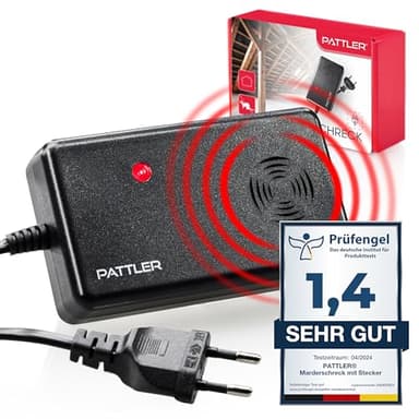 PATTLER ® Marderschreck Auto mit Stecker - für 60m². Marderschreck für Dachboden, Haus, Garten, Garage. Anschluss an Steckdose. Marderabwehr Dachboden mit Ultraschall.