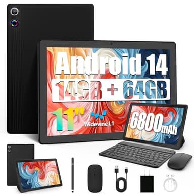 Laptok 2025 Newest Tablet 11 Zoll Android 14 Octa-Core mit 14GB RAM+64GB ROM (TF 1TB), 6800mAh, Widevine L1, WiFi 6, Bluetooth5.0, Type-C, Tablet mit Tastatur Maus - Schwarz