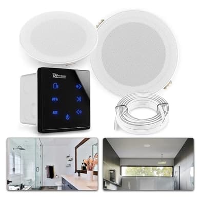 Power Dynamics A50 Bluetooth Deckenlautsprecher Set – 2X Einbaulautsprecher 5" IPX5 Wasserdicht – 80W Verstärker – Badezimmer & Außenbereich – Unterputzradio, 55mm Tief - Weiß/Schwarz