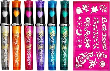 Panduro Tattoo Stifte Kinder 6er Set, Glitzer Tattoo Stifte Kinder, Hautfreundlich, 1 Schablone mit unterschiedlichem Muster, Perfekt für Mädchen, Geschenk, Geburtstagsfeiern, Karneval und Weihnachten