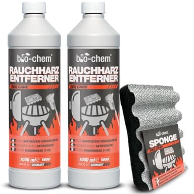 bio-chem Rauchharz-Entferner - 2x 1000 ML mit Reinigungsschwamm - Backofen- & Grillreiniger Konzentrat für Gasgrill, Edelstahl, Gusseisen u.v.m. - Extrem kraftvolle Formel für hartnäckige Ablagerungen