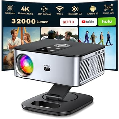 Beamer【Auto Fokus/Trapezkorrektur & 1200 ANSI】 HORLAT Beamer 4K Heimkino, Full HD 1080P WiFi 6 Bluetooth Projektor, 50% Zoom, Projektor Mit 360° Drehbarem Ständer für TV Stick/Smartphone