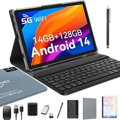 ZONKO 2025 Neueste Android 14 Tablet 10 Zoll mit SIM Slots,4G LTE Tablets PC 5G WiFi,14GB RAM+128GB ROM(1TB TF),Octa-Core|8+13 MP|GPS|8000 mAh|Tablet mit Tastatur Maus Stift,Bluetooth 5.0,GMS(Grau)