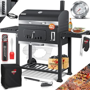 KESSER® Grillwagen BBQ Smoker XXL Holzkohlegrill mit Deckel, Rädern, Edelstahl-Griff, Thermometer, Grillrost, Bürste, Abdeckhaube, 8 Spieße mit Tasche & Silikon-Pinsel, Standgrill, Kohlegrillwagen
