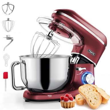 Fentic Küchenmaschine - 2000W - Edelstahl Rührschüssel (6,2 L) - Küchenmixer mit Rührhaken, Knethaken, Schlagbesen und Spritzschutz - Inkl. zusätzlichem Zubehör (Rot)