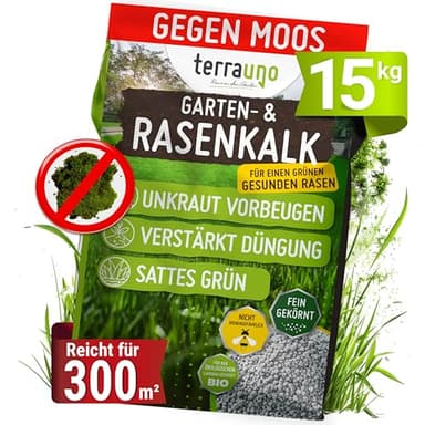 TerraUno Rasenkalk Frühjahr gegen Moos & Unkraut, Moosfreier Rasen in 14 Tagen, verstärkt Rasendüngung, 15 kg für 300 m², Extra feines Gartenkalk, Für den Streuwagen, Tierfreundlich