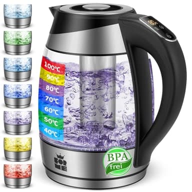 ForMe Glas Elektrischer Wasserkocher 1,8L, Temperatureinstellung, Temperaturwahl 40°C bis 100°C, 7 Farben LED-Beleuchtung, Warmhaltefunktion, BPA FREI
