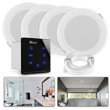 Power Dynamics A100 Bluetooth Deckenlautsprecher 4er Set – 4X Einbaulautsprecher 5" IPX5 Wasserdicht – 160 Watt Verstärker – Badezimmer & Außenbereich – Unterputzradio, 55mm Tief - Weiß/Schwarz
