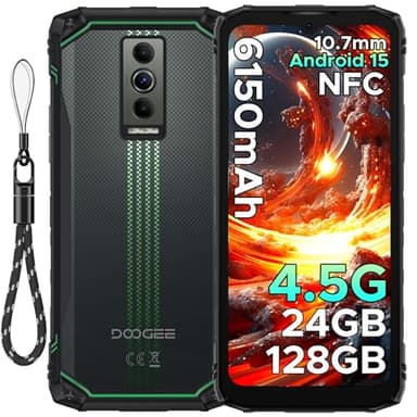 DOOGEE Blade 10 Energy Outdoor Handy Ohne Vertrag Android 15, 24GB RAM/128GB ROM(2TB) 6150mAh Akku, 10,7mm ultradünn Outdoor Smartphone, 6.56" HD+90Hz,16MP+8MP Kamera, 3 Card Slots/NFC/Face ID/OTG/GPS