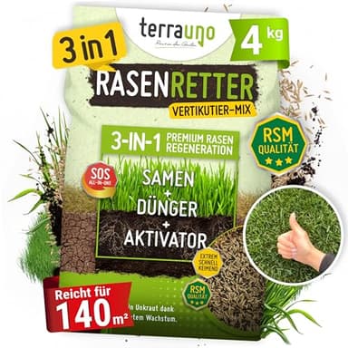 Terrauno - "Rasenretter" Vertikutiermix I 4 kg für 140 m² I Rasendünger, Rasensamen & Bodenaktivator I 3in1 Rasenreparaturmischung I Rasendünger Frühjahr mit Grassamen gegen kahle Stellen I Nachsaat