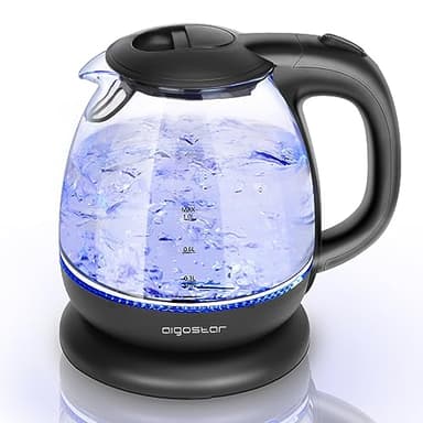 Aigostar Elfin - Glas Wasserkocher Klein 1 Liter, 2200W Reisewasserkocher mit LED-Beleuchtung, Schnellkocher aus Borosilikatglas, Mini wasserkocher Wohnheim Büro Küche, BPA-Frei, Schwarz