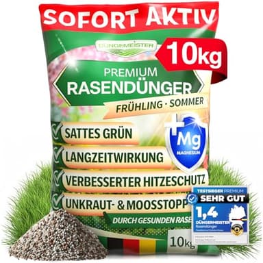 DÜNGEMEISTER Rasendünger für Ihren sattgrünsten Traumrasen - gesunder, dichter und sattgrüner Rasen sofort mit revolutionärer KI Formel - Langzeit NPK/Organisch Frühjahr/Sommer (10 kg)