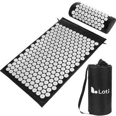 Loti Akupressurmatte mit Kissen Set Schwarz – Akupressur Set gegen Nacken- & Rückenschmerzen – Massagematte mit Tragetasche – Nagelmatte/Nadelmatte – Akkupressmatte - Massagematte Ganzkörpermassage
