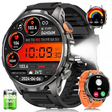 Smartwatch Herren mit 1000mAh Akku/LED Taschenlampe/1.91" AMOLED, 5ATM Wasserdicht Militär Fitness Tracker mit Telefonfunktion, 113 Sportmodi Sportuhr/24/7 Herzfrequenz/Schlafmonitor/SpO2/iOS Android