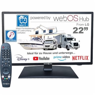 Unispectra ® 22“ Smart TV (webOS) Full HD 230V 24V Triple Tuner: Satellit, Antenne, Kabel TV, 3xHDMI, 2xUSB, Magic Remote. 12V Fernseher für Wohnmobile, Wohnwagen, LKWs, Lieferwagen, Boote