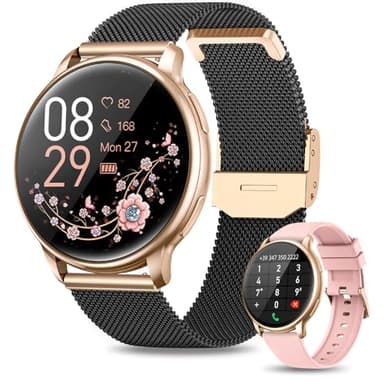 RUXINGX Smartwatch Damen mit Telefonfunktion, 1,32 Zoll HD Voll Touchscreen, IP68 Fitness Tracker mit SpO2 Pulsuhr Menstruationszyklus Schlafmonitor Schrittzähler Kalorien iOS Android Schwarz Gold