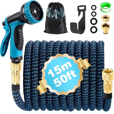 Gartenschlauch Flexibel 15m, Flexibler Gartenschlauch Dehnbarer mit 10 Funktions Gartenbrause, 1/2" 3/4" Adapter, Wasserschlauch Flexibel Schlauch Flexschlauch Garten für Gartenbewässerung Autowäsche