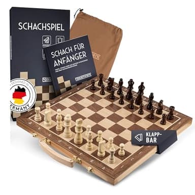 FALKENWERK Magnetisches Schachspiel Holz [38x38 cm] - Handgefertigtes Schachbrett aus Echtholz - Hochwertiges Schach Brett inkl. Dame Steine - Anleitung & Tipps - Klappbares Chess Board mit Griff