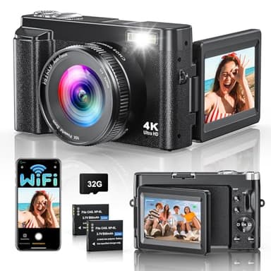 4K 64MP Digitalkamera mit WLAN, 16X Digitalzoom, 180° Flip Screen Autofokus Vlogging Fotoapparat mit Selfie, WiFi Kompaktkamera mit 32GB Karte 2 Batterien für Anfänger