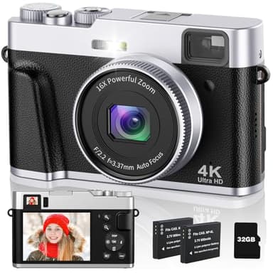CAMKORY 4K Digitalkamera 48MP Fotokamera mit 32G Karte Autofokus Optischer Sucher 16X Zoom Kamera Fotokamera Fotoapparat Kompaktkamera mit 2 Akku Kameratasche Blitz für Anfänger Jugendliche (Schwarz)