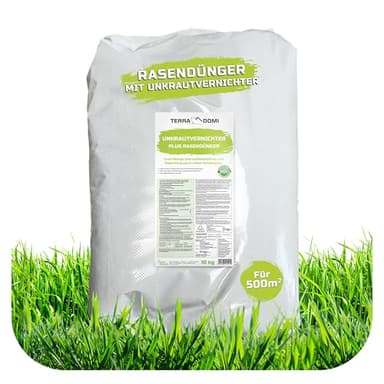 TerraDomi 2 in 1 Rasendünger mit Unkrautvernichter 10kg für über 500 m² | 100 Tage Langzeitwirkung | Unkrautfrei & saftig grüner Rasen dank Rasenunkrautvernichter mit Dünger