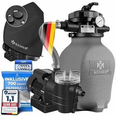 KESSER® Sandfilteranlage Sandfilter + 700g Filterbälle ersetzen 25kg Filtersand 7-Wege Ventil mit Druckanzeige Poolfilter 10 m³/h Filteranlage Filterkessel für Pool 10.200 L/h, Inkl. Wettercover, Grau