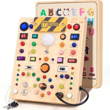 Montessori Spielzeug Busy Board ab 1 Jahr, Activity Board aus Holz, Motorikspielzeug mit 19 Schaltern 40 LED-Leuchten, Lernspielzeug für Kinder 1-3 Jahre Baby Spielzeug & Geschenk für Jungen & Mädchen