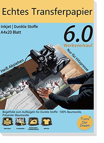 TransOurDream Echte Inkjet Transferfolie,Bügelfolie für Dunkle Textilien,für Hiztepresse,DIN A4X20 Blatt,T-Shirt Papier für dunkle T-Shirts(D-3-6.0-20)