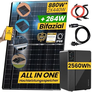 880W/800W Balkonkraftwerk mit Speicher Komplettset 2,56kWh Marstek Jupiter C Speicher inkl. 800W integrietem Wechselrichter | Plug and Play Smart Mini Anlage mit Balkongeländer Rund PV Montagesystem