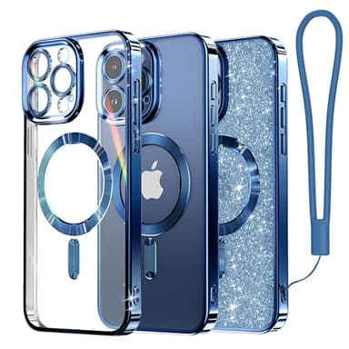 Meifigno Clear Hülle Kompatibel mit iPhone 15 Pro, [Kompatibel mit Magsafe][Glitzer Karte & Handschlaufe] Kameraschutz Transparent Case für iPhone 15 Pro 6,1’’ Frauen Mädchen, Dunkelblau