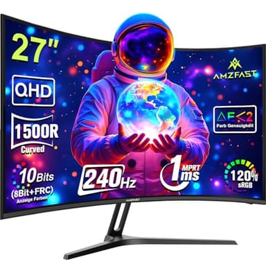 Amzfast Curved Gaming Monitor 27 Zoll - 240Hz, QHD 2560x1440, 1ms MPRT, Adaptive Sync, 1500R Kurve | HDR10, 90% DCI-P3, HDMI 2.0x2, DP 1.4x2, VESA, Blaulichtfilter, AMZG27C1Q Pro