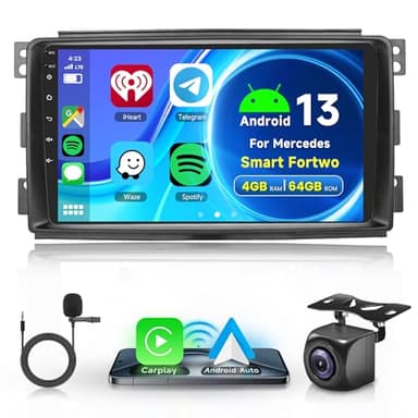 4G+64G Wireless Carplay Android 13 Autoradio 2 Din für Mercedes Benz Smart Fortwo 451 2005-2010 mit Android Auto Navi GPS WiFi 9 Zoll Autoradio mit Mirror Link Bluetooth FM/RDS/DAB/SWC Rückfahrkamera