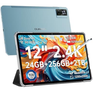 OUKITEL OT5S Tablet 12 Zoll - 24GB RAM+256GB ROM(2TB TF) 2.4K IPS 12 Zoll Tablets, 8250mAh Android Tablet, 16MP+8MP Dual SIM Tablets PC 4G LTE/5G WiFi/GMS/GPS/Widevine L1,Blau