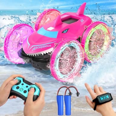 AYIQUTY Amphibienfahrzeug Ferngesteuert Auto ab 6 7 8 9 10 Jahre, Wasserdicht Stunt RC Auto mit Handsteuerung und LED Licht, Spielzeug Geschenk für Kinder 6-12 Jahre Jungen Mädchen